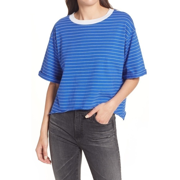 Nwt | Treasure & Bond Stripe Shark Bite T-Shirt in Blue & White Stripe Size M - Picture 1 of 8